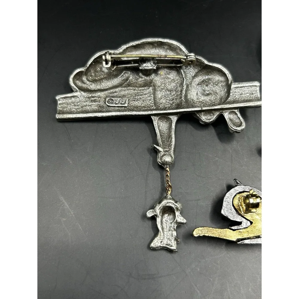 Vintage Cat Brooch Pins Pewter Black Enamel Articulated Hanging Mouse